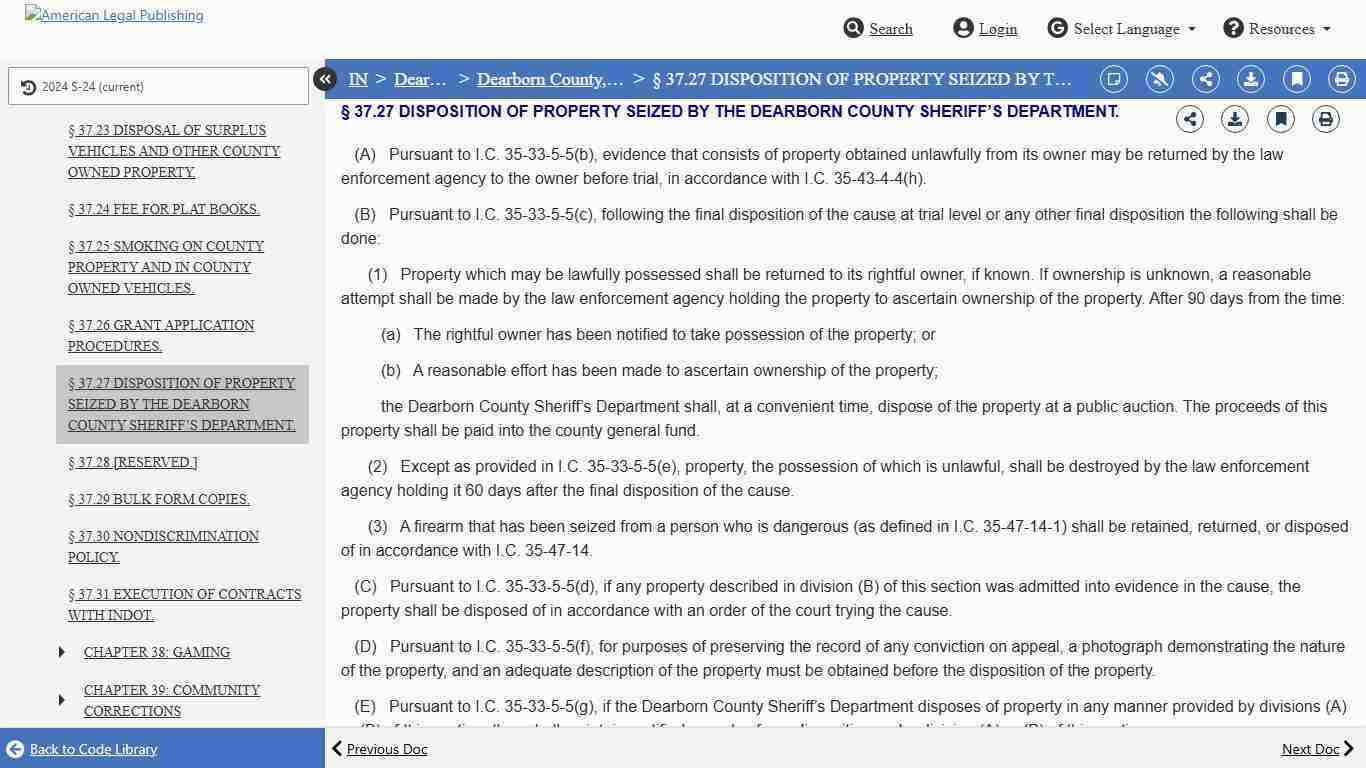 § 37.27 DISPOSITION OF PROPERTY SEIZED BY THE DEARBORN COUNTY SHERIFF’S DEPARTMENT.